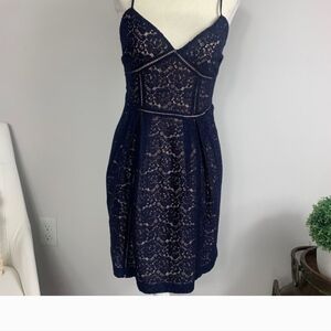 Joie Size 6 Navy Blue Nude Lace Solandra Dress Fit and Flare V Neck Knee Length